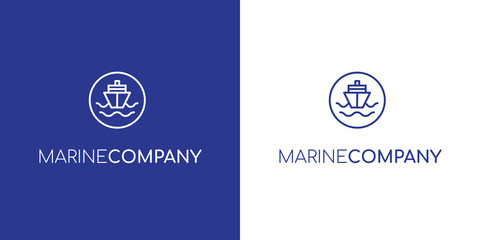 Modern vector blue outline marine cargo ship logo