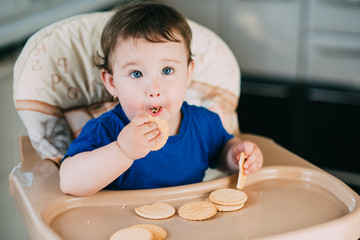 Little girl in a high chair eating round biscuits