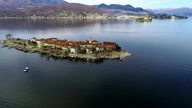 Aerial view of Fishermens Island or Isola dei Pescatori at Lake Maggiore, is one of the Borromean Islands in Piedmont of north Italy, Stresa, Verbania