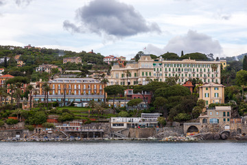 Fototapeta premium Santa Margherita. Italy. 04-29-2019. View of Santa Margherita Ligure from the sea in Italy