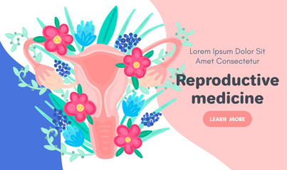 Web template with female reproductive system in flowers. Landing page. Woman health. Advertising for women's pads, lactobacillus, department of obstetrics and gynecology. Medical banner. Vector, eps10