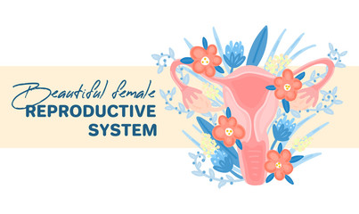 Web template with female reproductive system in flowers. Landing page. Woman health. Advertising for women's pads, lactobacillus, department of obstetrics and gynecology. Medical banner. Vector, eps10