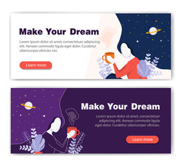 Girl dream with cup of coffe. Web banners design template for wellness, natural products, cosmetics. Modern vector illustration concepts for website and mobile app development. 