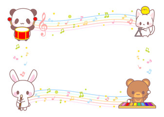 パンダうさぎ猫くま・音楽隊音符と5本線フレーム飾り枠