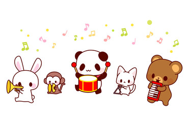 くまパンダうさぎ猿ねこの楽器演奏行進イラスト