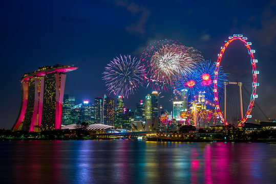 night view of singapore with firework