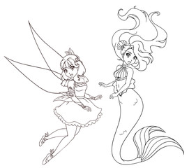 Set of two anime style characters. Mermaid and fairy. Hand drawn vector illustration on a white background for coloring book, tattoo, card, t-shirt template etc.