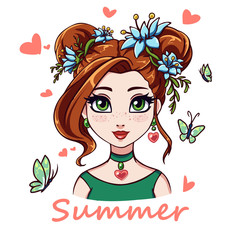 Pretty cartoon girl portrait. Big green eyes, red hair and blue flowers. Hand drawn vector illustration, isolated on white background. Prints, cards, t-shirt template etc.