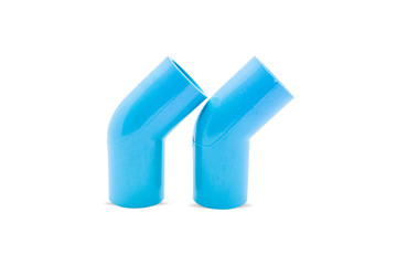 PVC blue pipe elbow 45 degree connect fitting isolated white background.