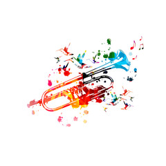 Colorful trumpet with music notes isolated vector illustration design. Music background. Music instrument poster with music notes, festival poster, live concert events, party flyer