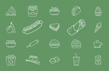 Fast food icons set - Vector outline symbols of sandwich, burger, hot dog, meat and desserts for Web or Mobile