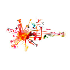 Music instruments background with music staff. Colorful trumpet, saxophone, double bell euphonium, piano keyboard, euphonium, guitar with music notes isolated vector illustration design. Party flyer