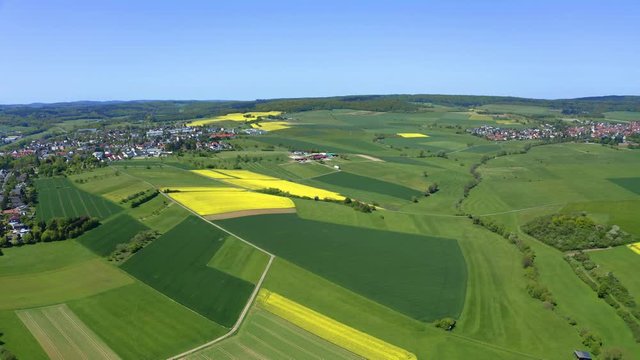 Aerial view, flight over agriculture with cereal fields and rapeseed cultivation, Usingen, Schwalbach, Hochtaunuskreis, Hesse, Germany