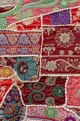 Detail old patchwork carpet. Close up, India