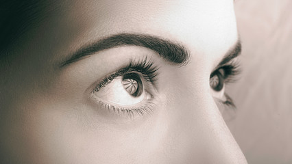Close up dark eyes with natural makeup looking at the side, macro shot.