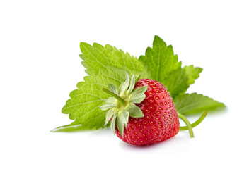 Strawberry  with mint leaves isolated closeup on White Background