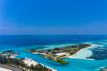 Aerial view,  island Olhuveli and Bodufinolhu, South Male Atoll, Maldives