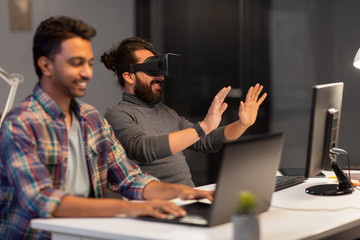 deadline, augmented reality and technology concept - creative man with virtual headset or 3d glasses at office