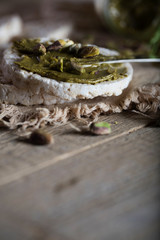 Pistachio nut butter creamed on a slice of rice crispbread.