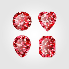 Realistic Red ruby Diamond on white background. Vector illustration of scarlet gemstone.