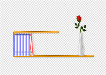 A wooden bookshelf with a set of books with color covers and a vase with a scarlet rose. Realistic light shadows. Transparent background. Vector illustration.