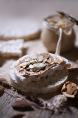 Homemade almond butter on a slice of rice crispbread.