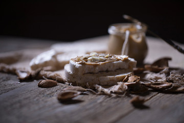 Homemade almond butter on a slice of rice crispbread.