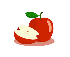 Red apple and half cut apples isolated on white background.