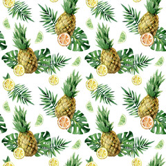 Watercolor seamless pattern with tropical leafs, pineapple and citrus fruits.