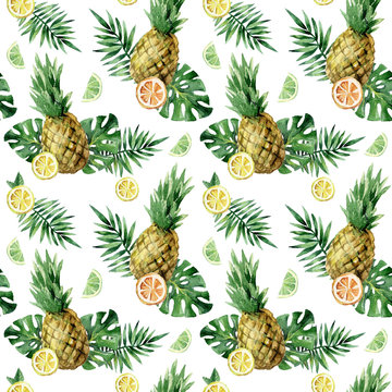 Watercolor seamless pattern with tropical leafs, pineapple and citrus fruits. © redboxart
