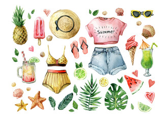 Watercolor summer set with palm leafs, exotic fruits, ice cream, cold drinks, watermelon and summer clothes. Hand drawn vintage clip art. Exotic fresh collection isolated on white background
