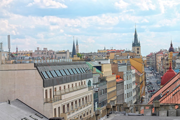 View from roof on the street in center Prague. Czech Republic.
