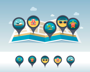 Summer pin map icon located on map. Vacation