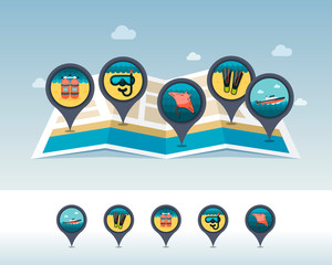 Summer pin map icon located on map. Vacation