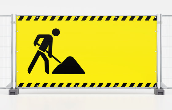 Baustelle Absperrung Sicherung - Mobilzaun Bauzaun mit gelben Banner und Warnmarkierung und Baustellenzeichen - Platz f&uuml;r Eindruck