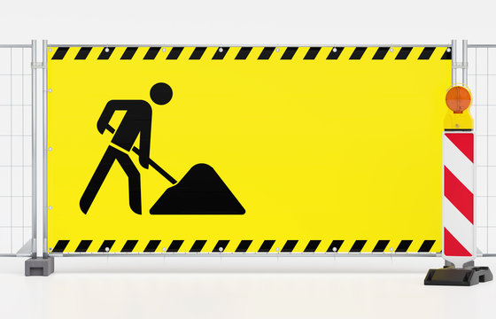 Baustelle Absperrung Sicherung - Warnbake mit Warnleuchte vor Mobilzaun Bauzaun mit gelben Banner und Warnmarkierung und Baustellenzeichen - Platz f&uuml;r Eindruck