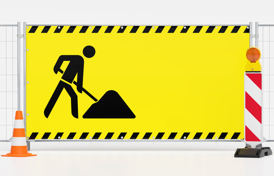 Baustelle Absperrung Sicherung - Warnbake mit Warnleuchte vor Mobilzaun Bauzaun mit gelben Banner und Warnmarkierung und Baustellenzeichen - Platz f&uuml;r Eindruck