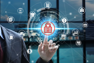 Businessman touch virtual padlock icon over the Network connection, Cyber Security Data Protection Business Technology Privacy concept