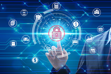 Businessman touch virtual padlock icon over the Network connection, Cyber Security Data Protection Business Technology Privacy concept