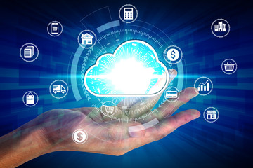 Hand holding with virtual cloud computing icon over the Network connection, Cyber Security Data Protection Business Technology Privacy concept