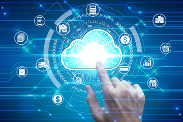 Finger touch with virtual cloud computing icon over the Network connection, Cyber Security Data Protection Business Technology Privacy concept