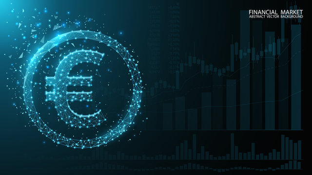 Eurocurrency. Exchange. Charts currency quotes. Euro icon. Low poly image. Dark blue futuristic background. Glow effects, flickering particles, dust. Online banking.