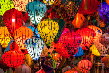 Colorful traditional Chinese lantern or light lamp to decorate street at night, there are famous things of Hoi An - the heritage ancient city of Vietnam. - obrazy, fototapety, plakaty