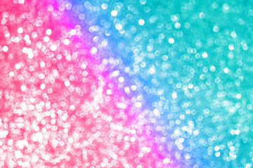 Blurred bokeh neon pink purple blue azure gradient background, Christmas New Year holidays background. Party concept. Festive holiday card bright backdrop. Defocused. Flat lay, top view, copy space.