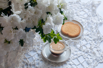Apparecchiatura romantica del tavolo della colazione, con fiori di azalea bianca, tazza di caffè e...