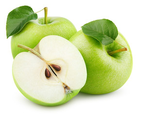 Group of ripe green apple fruits with half and green leaves isolated on white background. Apples...