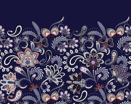 Border Indian floral Paisley patten. Seamless ornament print. Ethnic Mandala towel. Vector Henna style. Can be used for greeting business card background, coloring book, backdrop, textile