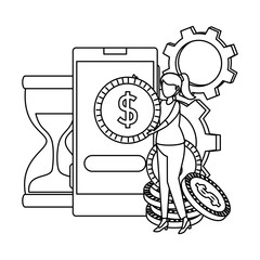 young woman with smartphone and coins ecommerce icons