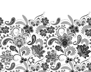 Border Indian floral Paisley patten. Seamless ornament print. Ethnic Mandala towel. Vector Henna style. Can be used for greeting business card background, coloring book, backdrop, textile