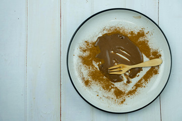 Empty and dirty plate after chocolate ice cream has been eating